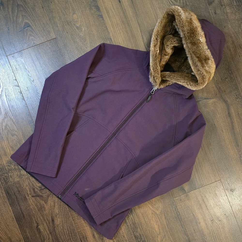 Marmot Soft Shell Jacket Small Plum Purple Faux Fur‎ Hood Fleece Lined Womens